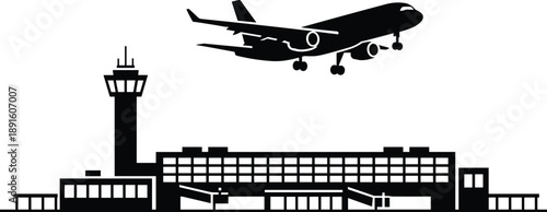 Airport terminal silhouette illustration featuring control tower and landing airplane for aviation, travel, transportation, and modern urban infrastructure design concept