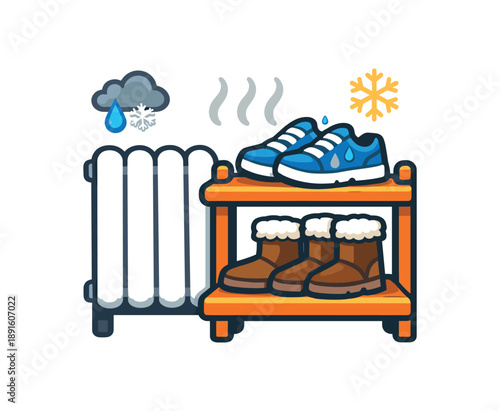 full color flat icon shoe dryer or rack near heater gentle drying after rain and snow