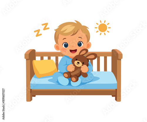 colored flat icon vector illustration isolated on white background baby sitting crib holding favorite plush toy after waking