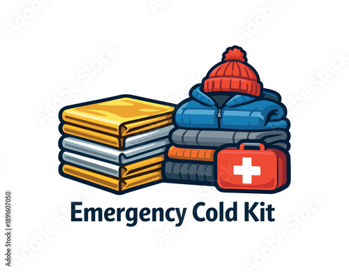 full color flat icon stack of folded thermal blankets and spare clothes emergency cold kit