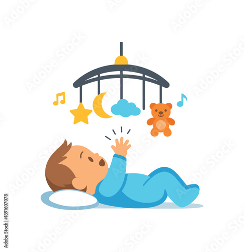 colored flat icon vector illustration isolated on white background baby reaching toward hanging crib mobile first movement of day