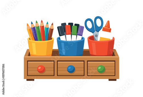 colored flat icon vector illustration isolated on white background craft drawer with colored pencils markers glue scissors each separate cup