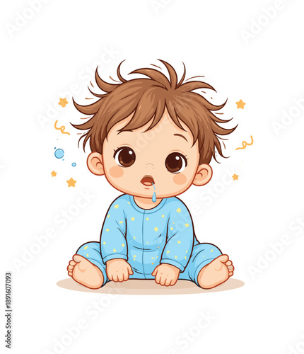 colored flat icon vector illustration isolated on white background baby sitting up with messy hair cute morning look