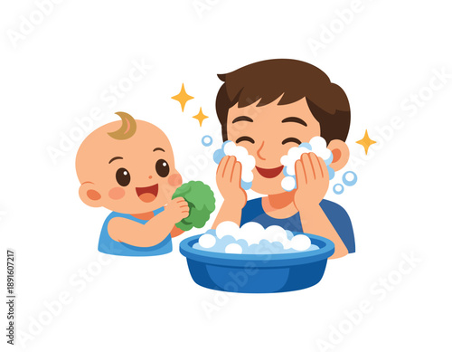 colored flat icon vector illustration isolated on white background baby holding washcloth while parent washes face playful clean up