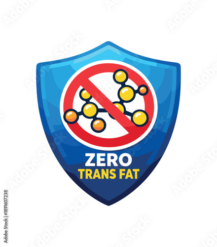 colored flat icon vector illustration isolated on white background soft shield icon with tiny trans fat molecule shape crossed zero trans fat concept