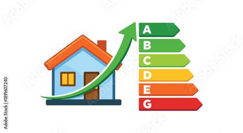 full color flat icon home energy label icon of house with to G bar highlighting efficiency improvements