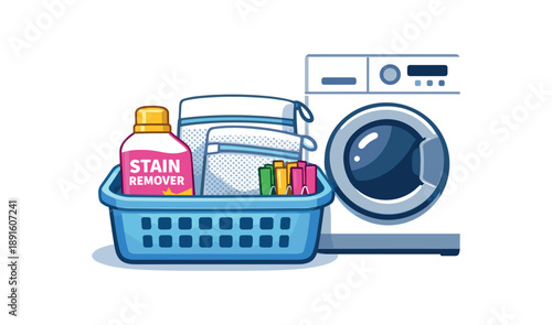 colored flat icon vector illustration isolated on white background small basket by washing machine holding pegs stain remover and mesh bags
