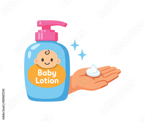 colored flat icon vector illustration isolated on white background bottle of baby lotion and tiny hand icon skin moisturizing care