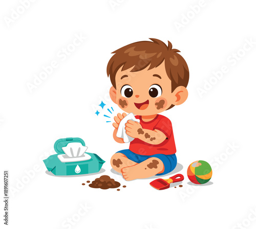 colored flat icon vector illustration isolated on white background baby wiping hands with wet wipe after play quick clean habit