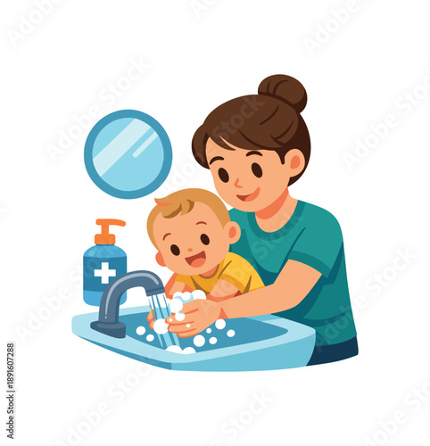 colored flat icon vector illustration isolated on white background parent holding baby near sink washing hands together bonding hygiene