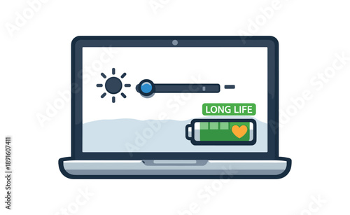 full color flat icon laptop with brightness slider low and tiny battery icon long life setting