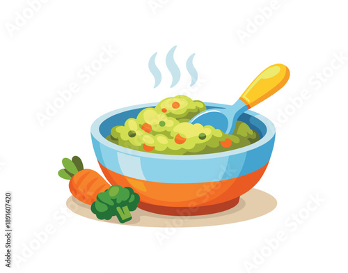 colored flat icon vector illustration isolated on white background bowl of mashed vegetables with spoon warm homemade baby meal