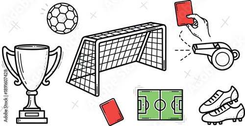 Soccer football illustration with goal trophy and equipment