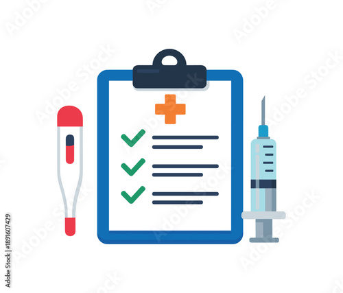 colored flat icon vector illustration isolated on white background isolated on white background clipboard with thermometer checklist and syringe icon pre vaccine health check flat on white