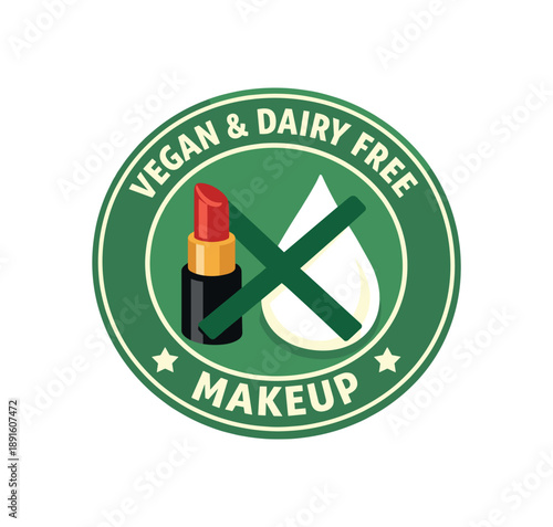 colored flat icon vector illustration isolated on white background circular icon with lipstick and milk drop both crossed vegan and dairy free makeup label