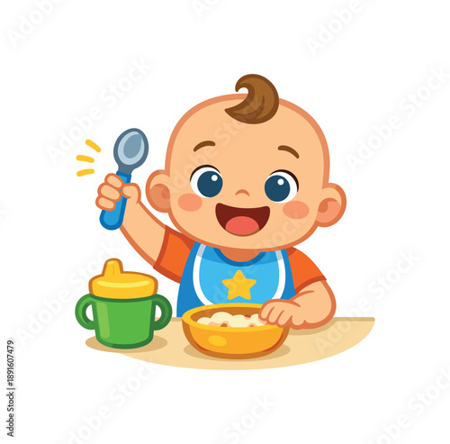 colored flat icon vector illustration isolated on white background baby smiling with spoon hand playful mealtime mood