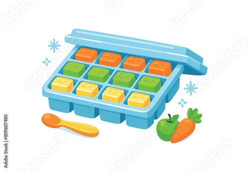 colored flat icon vector illustration isolated on white background freezer tray with small cubes of frozen puree meal prep for baby