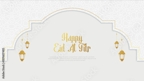 Happy Eid Al Fitr Greeting Card Template Golden and White