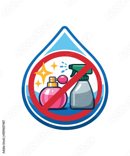 colored flat icon vector illustration isolated on white background droplet badge with perfume bottle and burst crossed no strong fragrance home spray