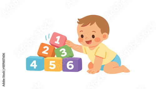 colored flat icon vector illustration isolated on white background pyramid of soft blocks with numbers and baby knocking them gently learning through play flat on white background cute kids