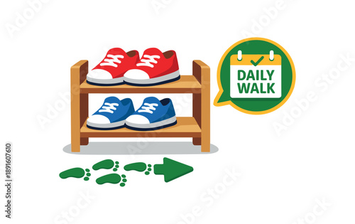 colored flat icon vector illustration isolated on white background shoe rack with sneakers at front and tiny footprint arrow daily walk reminder