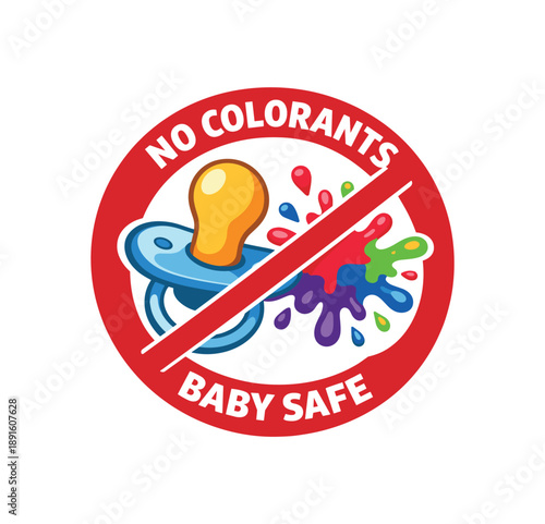 colored flat icon vector illustration isolated on white background round icon with pacifier and dye splash crossed baby care no colorants mark