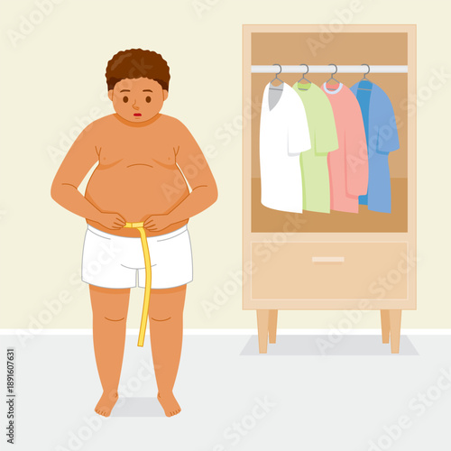 The Black Fat Man, Shirtless, Measuring His Waist With Tape Measure
