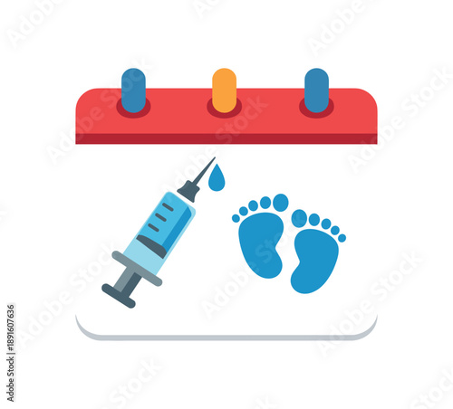 colored flat icon vector illustration isolated on white background isolated on white background baby calendar page with syringe icon and tiny footprints newborn vaccine reminder flat on
