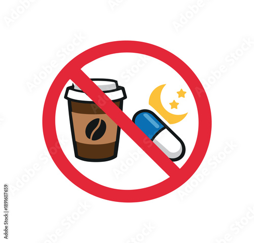colored flat icon vector illustration isolated on white background circular emblem with pill and caffeine cup silhouettes crossed sleep supplement no stimulant sign