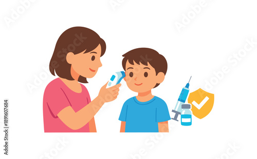 colored flat icon vector illustration isolated on white background isolated on white background parent checking child temperature with ear thermometer before vaccine visit flat on white