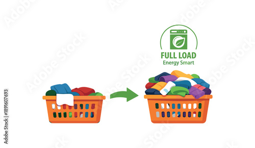 colored flat icon vector illustration isolated on white background laundry basket only half full with small arrow to full load energy smart washing habit