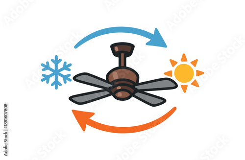 full color flat icon ceiling fan icon with small snowflake and sun seasonal direction arrows