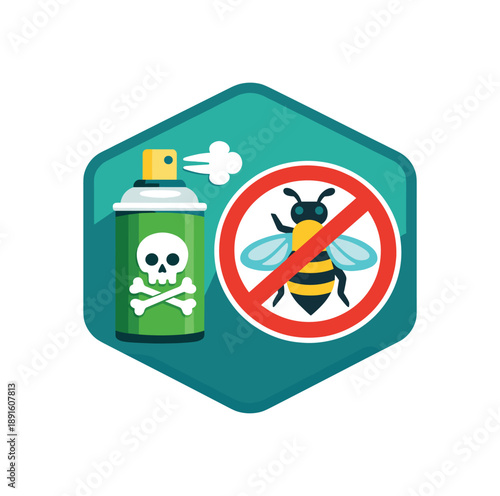 colored flat icon vector illustration isolated on white background soft hexagon label with insect spray and bee pictogram crossed garden care no insecticide symbol
