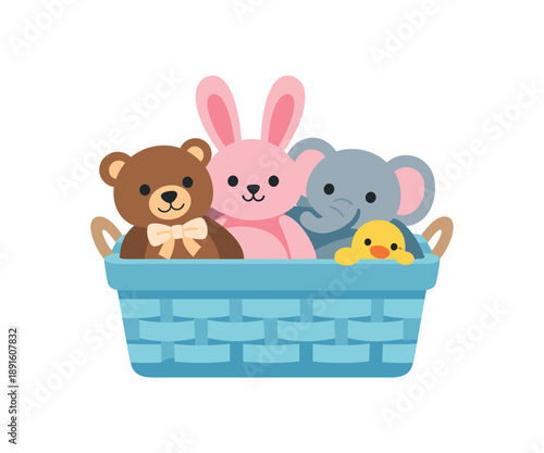 colored flat icon vector illustration isolated on white background basket with stuffed animals soft toys storage pictogram flat on white background clean shapes