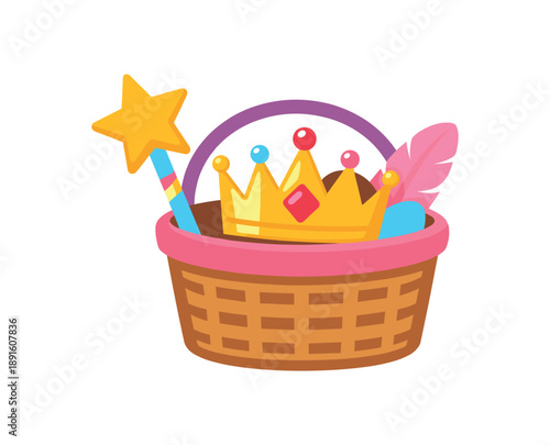 colored flat icon vector illustration isolated on white background wand and crown dress up costume basket pictogram flat on white background clean shapes