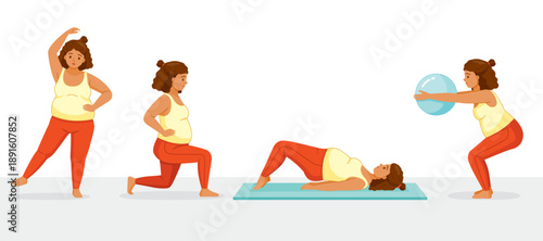 Set Of Black Fat Woman Exercising With Different Actions