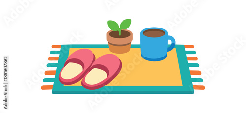 colored flat icon vector illustration isolated on white background slippers on small rug cozy corner pictogram for rest area flat on white background clean shapes