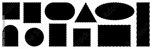 Set of black scalloped edge shape with rectangle, circle, oval, arches and triangles. Perfect for labels, frames, badges, cards posters, scrapbooking printing and modern decorative graphic design.