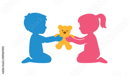 colored flat icon vector illustration isolated on white background two kids silhouettes sharing toy sharing and kind play rule pictogram flat on white background clean shapes