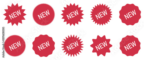 New sticker set. Set of red new badges icons with starburst and sticker shapes for sale promotion vector packs. Collection of new arrival rubber stamps with various designs.