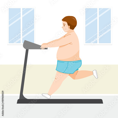 The Overweight Man, Shirtless, Big Belly, Running On Treadmill