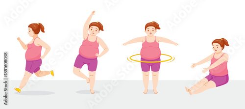Set Of Fat Woman Exercising With Different Actions