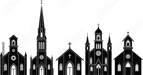 Christian church silhouette icon set featuring cathedral, chapel, bell tower, gothic spires, crosses, and traditional religious architecture for worship design