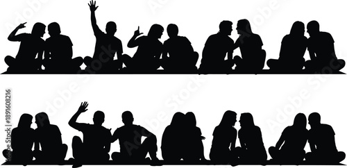 People silhouettes sitting together in casual social interaction, friends communicating, chatting and relaxing in group poses isolated on white background for lifestyle stock illustration