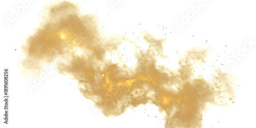 Dynamic golden dust cloud with particle dispersion and bright internal glow on white