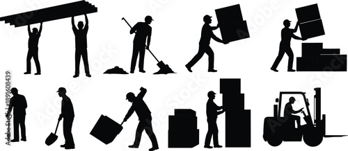 Industrial worker silhouettes handling materials, lifting boxes, digging and forklift operations, construction logistics, warehouse workflow and manual labor concept illustration