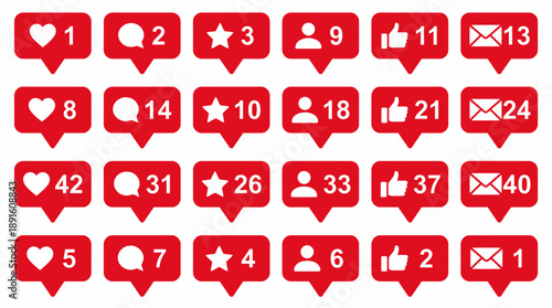 Social Media Notification Vector Icon Set – 18 Red Alert Symbols for Likes, Comments, Messages, Followers, and Engagement Metrics in Digital UI Design
