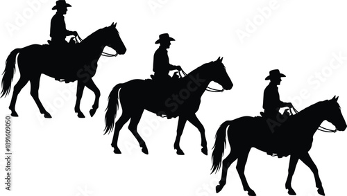 Set of cowboy silhouettes riding horses in western style poses, equestrian lifestyle and ranch culture concept isolated on white background for stock illustration