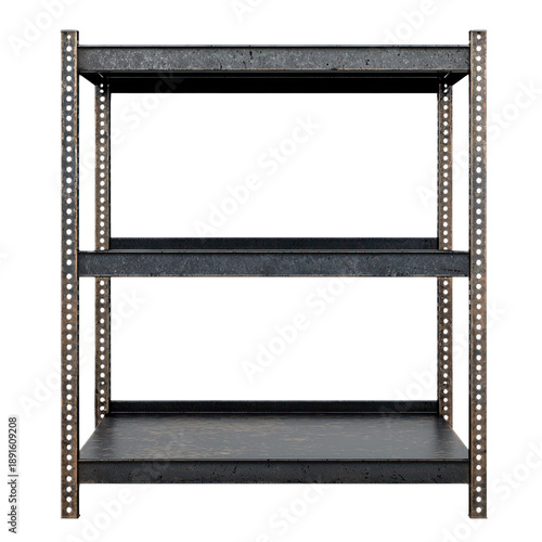 A metal shelving unit with three shelves, isolated on a white background.