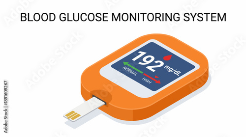 High Blood Glucose Reading Vector – Digital Meter Displaying Elevated Sugar Level with Red Alert Drop and Arrows for Diabetes Monitoring and Health Education